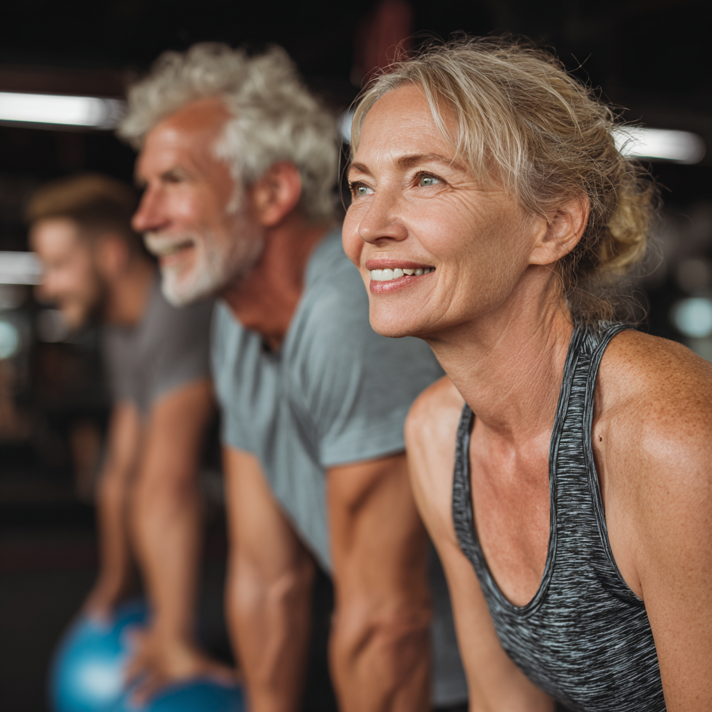 Middle-aged adults engaging in balanced fitness routine with focus on stability
