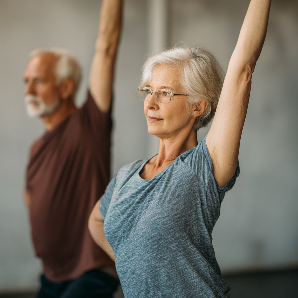 Older adults practicing gentle movement exercises focused on flexibility and balance